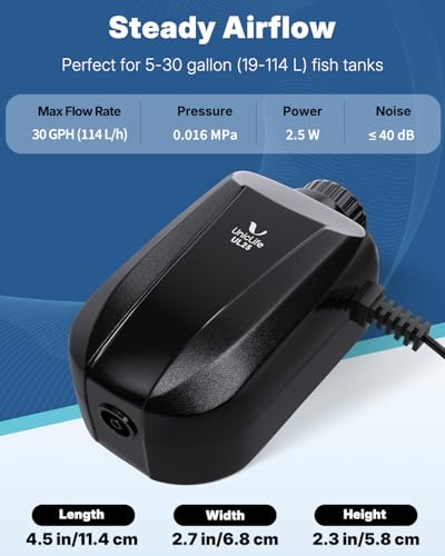 Uniclife Aquarium Air Pump, Adjustable Quiet Oxygen Pump for Fish Tanks, Airline Tubing & Accessories - size: For 5-30 Gallon Tank