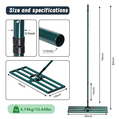 Lawn Leveling Rake Heavy Duty Stainless Steel Lawn Leveling Tool 30”x10” with 78” Adjustable Long Handle Leveling Rake for Soil,Ground,Backyard,Golf Field,Garden Tools Grass Seed Landscaping - style: 30"x10" Medium