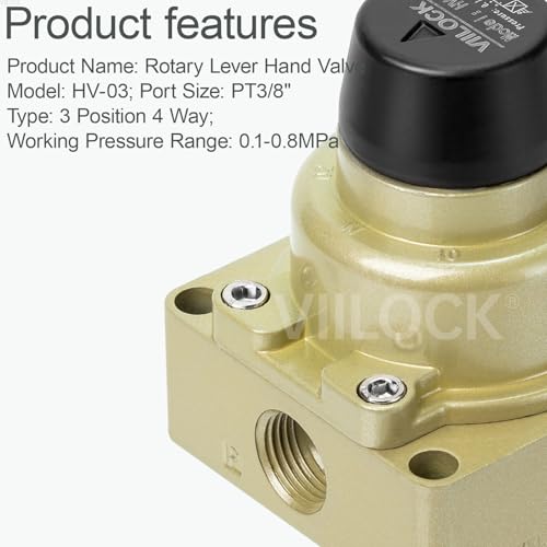 Rotary Lever Hand Valve HV-03, 3 Position 4 Way 3/8" NPT Pneumatic Manual Control Air Flow Valve (3/8" NPT) - style: 3/8" NPT