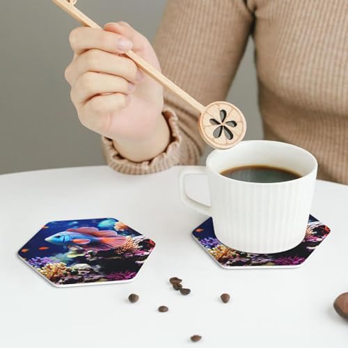 Drink Coasters Set of 4 Leather Coasters for Drinks Coral Reef Fish Aquarium Round Cup Mat Pad Easy Clean Bar Coasters Heat Resistant Funny Cup Coasters for Tabletop Protection,4 Inches - color: Hexagon