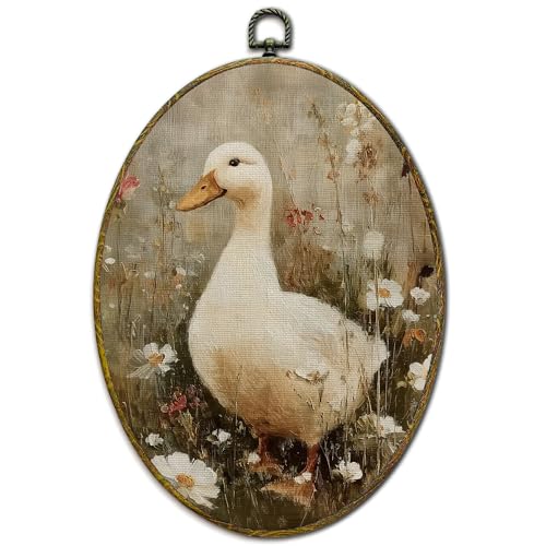 XFCICRLJ Vintage Farmhouse Duck Wall Art Decor, Rustic Country Duck Oval Canvas Prints Framed, Cottagecore Wildflower Farm Animal Wall Art Decorations for Home Bedroom Living Room Decor, 11x8.5 Inch - color: Duck02