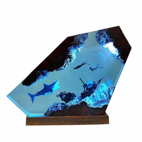 Shark Ocean Resin Lamp, Handmade Wooden Table Resin Night Light, USB Port Art Ornaments for Home Office Decor, Scuba Diver Gifts for Birthday Holiday, Valentine's Day Gifts for Husband - color: Shark, size: S