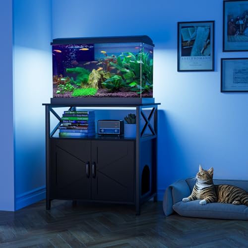 GDLF 20-29 Gallon Cat Fish Tank Stand with Cat Litter Box Enclosure Furniture, Aquarium Terrarium Stand with Shelf Storage,30.7" Lx 17.32" W Tabletop, 330 lbs Capacity, Black - size: 20-29 gallon