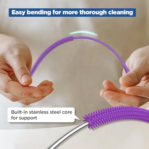 YOTIME Silicone Straw Cleaner Brush, 2Pcs Reusable Straw Brush Extra Long for Cleaning Tumbler with Handle and Glass Metal Smoothie Straws, Non-slip Handle Soft and Bendable, 6mm+9mm, Purple - color: Purple