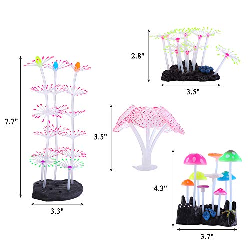 4 Pack Glow Aquarium Decorations Coral Reef Glowing Mushroom Anemone Simulation Glow Plant Glowing Effect Silicone for Fish Tank Decorations - color: 4 Pcs(coral Reef+branch Coral+mushroom+anemone)