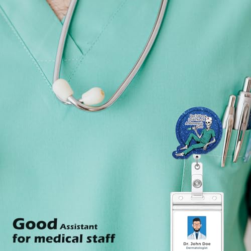 Don't Worry Funny Skeleton Nurse Badge Reel, Cute Radiology X-Ray Tech Retractable ID Badge Holder, Name Tag Clip for RN CT ED ICU ER RAD Night Shift Nurse Radiologist Workers - color: Don’t Worry