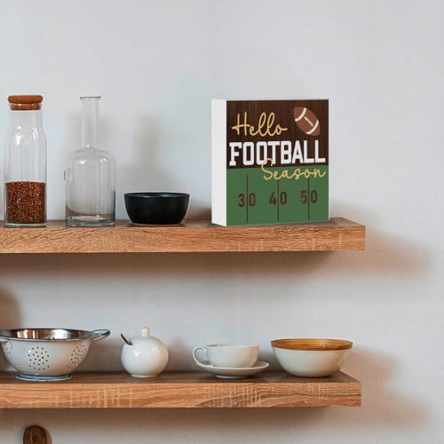 Football Sign Football Season Party Decor Hello Football Season Sign Sports Football Game Decor Rugby Player Gifts for Son Decorations for Home Office Desk 5 X 5 Inch - color: Hello Football Season