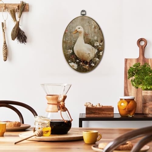 XFCICRLJ Vintage Farmhouse Duck Wall Art Decor, Rustic Country Duck Oval Canvas Prints Framed, Cottagecore Wildflower Farm Animal Wall Art Decorations for Home Bedroom Living Room Decor, 11x8.5 Inch - color: Duck02