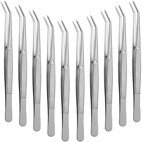 Honoson 10 Pcs Stainless Steel Tweezers for Crafting with Curved Serrated Tip Multipurpose Forceps Sewing Machine Tweezers Bulk (Silver) - color: Silver