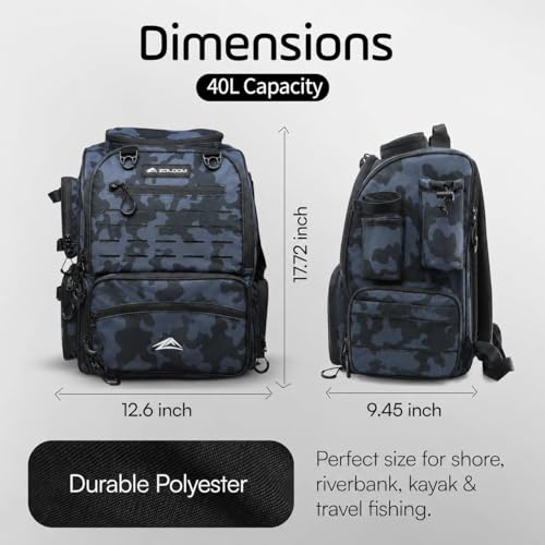 Waterproof Fishing Backpack with Tackle Boxes, Rod Holder & Foldable Net - 40L Fishing Tackle Bag with Trays Included, Extra Storage Gear and Equipment, Rain Cover, Fisherman Gift for Men - color: Black Camo