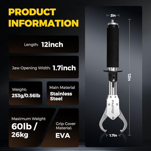 2-in-1 Fish Lip Gripper, 12" Stainless Steel Fish Gripper with Scale, 60lb Weighing Fish Grabber, 360° Non-Slip Swivel Handle, Tool for Saltwater & Freshwater - size: 12"