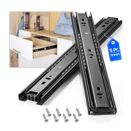 Drawer Slides 1 Pair Full Extension 10 12 14 16 18 20 22 24 inch Side Mount Rails Dresser Cabinet Bracket Replacement Ball Bearing Tracks Guide Metal Runner 100 LB (Basic-1 Pair, 12 Inch) - size: 12 Inch, style: Basic-5 pairs