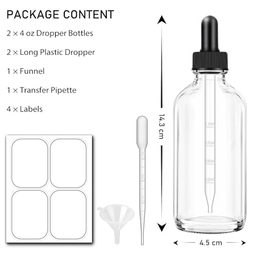 Bumobum Dropper Bottles 4oz, 2 Pack Clear Tinctures Bottle with Dropper for Essential Oils with Funnel, Labels & Pipette, Glass Dropper Bottles for Aromatherapy(Unbreakable Plastic Eye Dropper) - color: Clear