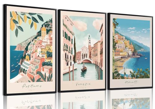 XLARTMY Italy Amalfi Coast Travel Posters Wall Art Canvas Decor City Landscape Blue Venice Coast Painting Beach Modern Artwork for Living Room Bedroom Bathroom Office Set of 3 16x24in Unframed - color: Travel Coast, size: 16x24in Poster