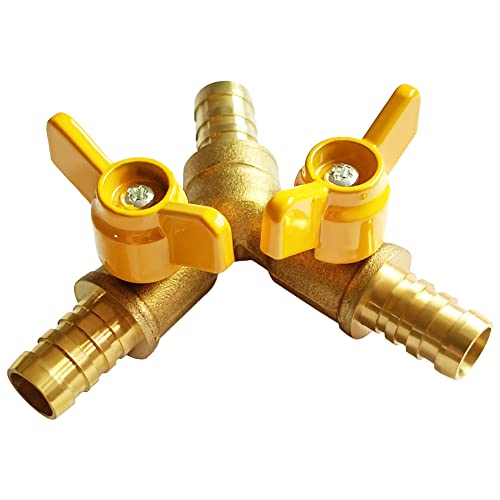 Uenede Brass 3/8 Inch 3-way Y-shaped Shut-off Ball Valve with 2-switch 3/8" Hose Barb Include 3 Stainless Steel Clamps Hose Pipe Barb Fitting for Water/Oil/Gas - size: 3/8"-1PCS