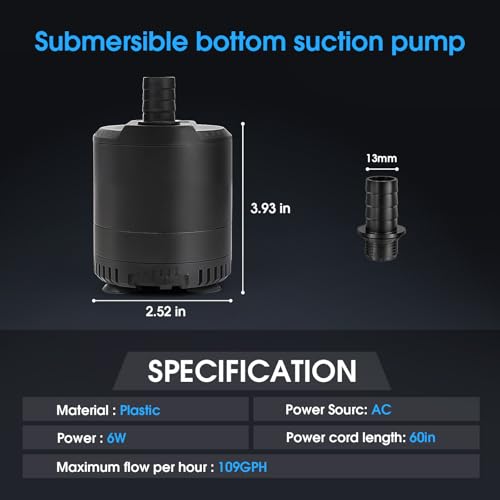 Aquarium submersible pump 109-724GPH, aquarium water pump, Adjustable water flow, Quiet operation,1 Nozzle,Suitable for fish tanks, ponds, aquariums, statues, hydroponic greens. - size: 6W