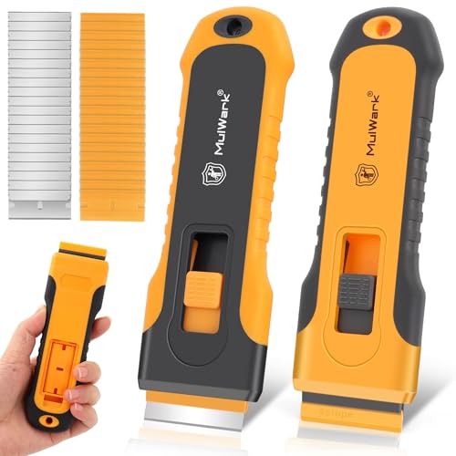 MulWark Razor Blade Scraper, 2 Pack Razor Scraper Tool with Extra 42pcs Razor Blades, Glass scraper with Storage Function Cleaning Scraper Tool for Cooktop, Glass, Old Label, Decal Sticker - style: 2 Handles Razor Blade Set with 42PCS Blades