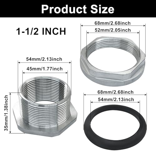 Murtenze 1.5" Bulkhead Water Tank Connector, Stainless Steel Water Tank Fitting Thru-bulk Adapter, Water Pipe Connector for Rain Barrels/Aquariums/Water Tanks - size: 1.5 Inch