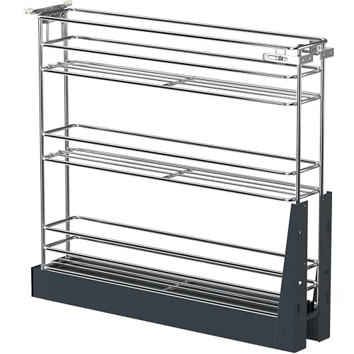 JOWBOOW 4 Inch Pull Out Spice Rack for 9 Inch Base Cabinet, Fully Assembled Heavy Duty 3-Tier Narrow Slide Out Organizer Anti-Wobble Wheels & Door Mount Kit, Bottom Mount - size: 4"W Bottom-Mount (Min 5" Opening)