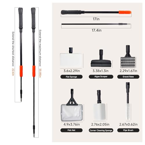 6 in 1 Aquarium Cleaning Tool Kit, Telescopic Handle Design, for 20-160 Gallon Freshwater and Saltwater Aquariums, Includes Algae Scraper, Sponge Pad, Pipe Brush, Gravel Rake, Fish Net