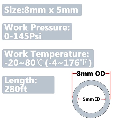 Pneumatic 8mm x 5mm Tubing 280Ft PU Air Tube Hose Pipe for Air Line or Water Transfer (Clear) - color: Clear, size: 8mm*5mm