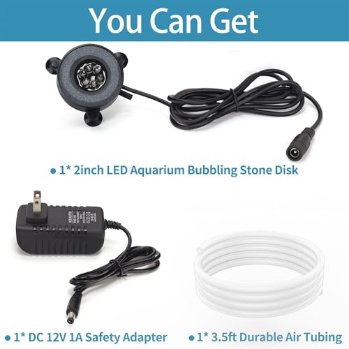 Aquarium LED Air Bubble Stone Disk 2 Inch with 6 Dazzle Color LEDs Fish Tank Oxygen Bubble LED Light Color Auto Changing with 3.5ft Air Tubing