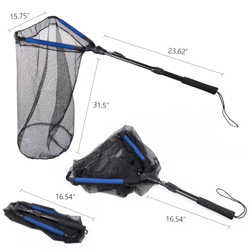 RESTCLOUD Fishing Landing Net with Telescoping Pole Handle, Fishing net Freshwater for Kids Men Women, Extend to 40-63 Inches - style: O: Aluminum Handle With Deep Net and Small Mesh, 35.4" Full