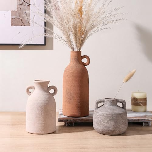 Ceramic Vase Set, 3Pcs Flower Vases for Modern Boho Farmhouse Decor, Decorative Vases for Pampas Grass & Dried Flowers, Distressed Finish - color: J