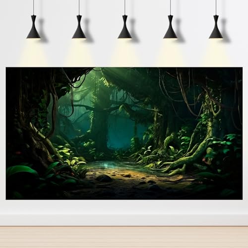 Aquarium Background Dark Night Jungle Forest Terrarium Backdrop Rainforest Stream Huge Trees Fish Tank Background Wallpaper Poster Forest Reptile Habitat Backdrop Vinyl 24x12in - color: Blue_Green, size: 24(W)x12(H)inches/ 60(W)*30cm(H)