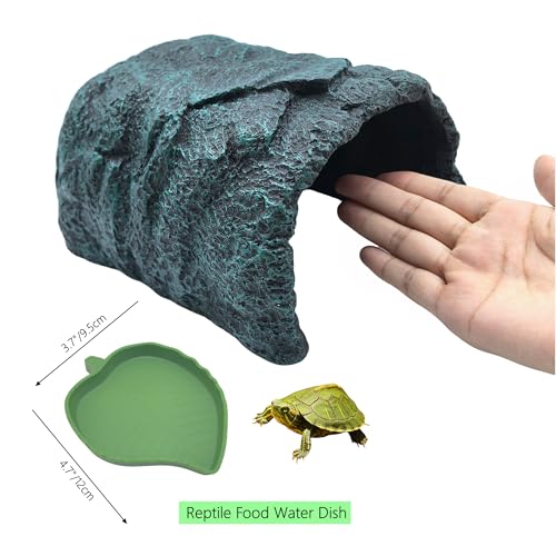M2cbridge Aquarium Fish Hide Cave Reptile Hideout Cave Terrarium Amphibians Habitat Decor(Green Rock+ Water Dish) - style: Green Rock+ Water Dish