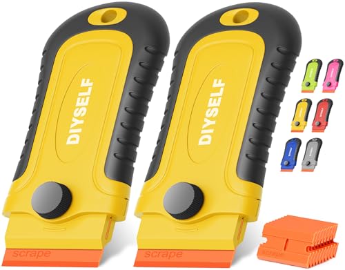 DIYSELF 2 Pcs Plastic Razor Blade Scraper with 10 Pcs Blades, Plastic Scraper Tool for Adhesive Remover, Scrapers for Cleaning Stickers, Decals, Glass, Windows, Car, No Scratches (Yellow) - color: Yellow-plastic Blades, size: 2 Pack