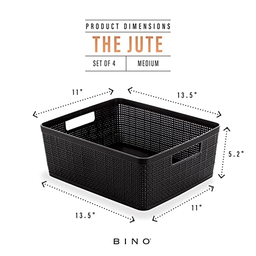 BINO | Woven Plastic Basket | Medium (Black), 4-Pack | THE JUTE COLLECTION | Home Organization, Space - Saving Storage, Stylish Design | Jute Basket | Plastic Storage Basket - color: Black, size: 4PK- M