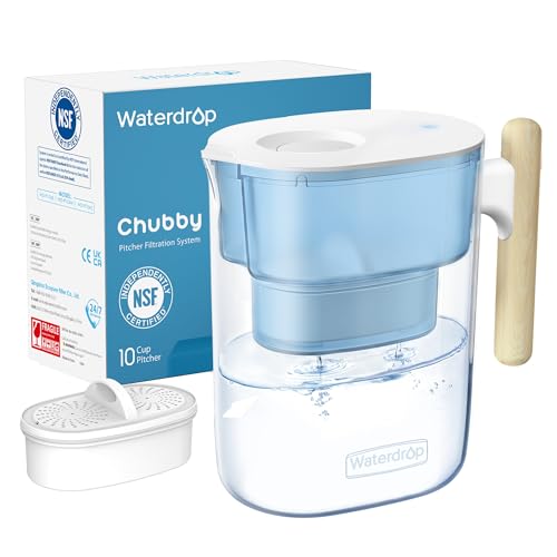 Waterdrop PT-04B Water Filter Pitcher, 10-Cup Capacity, NSF Certified, 200-Gallon Long-Life Filter, 5X Longer Filter Life, Reduces PFOA/PFOS and Chlorine, BPA-Free, Sturdy Wooden Handle, Blue - color: Blue, style: Classic Pitcher