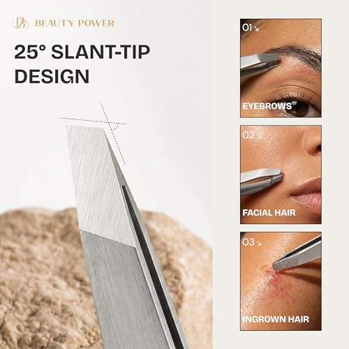 Beauty Power Tweezers for Women Facial Hair: Ultra Precision Tweezers for Women & Men, Sharp Slant Tweezer for Eyebrows, Ingrown Hair Removal. Professional Plucker + Case, German Stainless Steel Gray - color: Grey