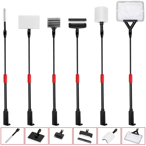 6 in 1 Aquarium Cleaning Tool Kit, Fish Tank Cleaner Set with Adjustable Telescopic Long Handle (21-32 Inch) Include Algae Scraper, Scrubber Pads, Fish Net, Tube Cleaning Brush, Gravel Rake