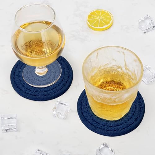 ABenkle Drink Coasters with Holder Set of 10, Cotton Woven Absorbent Coasters for Drinks, Minimalist Home Decor Coaster Set for Wooden Tabletop Protection Table, 4.3 inches - color: Navy Blue, size: 10 Pcs