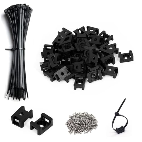 60 Set Black Cable Zip Tie Mounts Kit Wire Clips Organizer Holders Clamps with 0.9Inch Saddle Type Mounts Base with 8" Ties and Tapping Screw