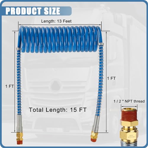 Air Brake Line Hose Coil Assembly Coiled Set 15 FT Air Lines Red Blue Hoses for Semi Truck Tractor Trailer,1/2" NPT DOT Fittings (15' Length x 12" Tractor Lead)