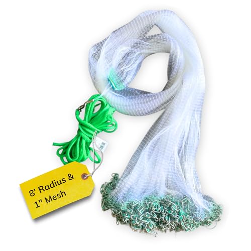 Cast Nets 4.5ft-10ft Radius|3/8",1/2",1" Mesh for Fishing with Chain Bottom, Salt Water Casting Fishing Net Gear, Easy Throw Nets Fishing Bait - Elite Series - size: 8' Radius | 1" Mesh