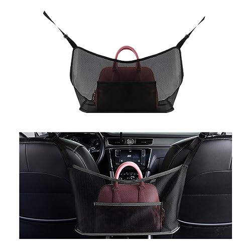 Car Net Pocket Handbag Holder, Organizer Mesh Bag Between Two Seat, Driver Storage Netting Pouch for Handbag Purse, Barrier of Backseat Pet Kids, Car Accessories for Women Men (Black)