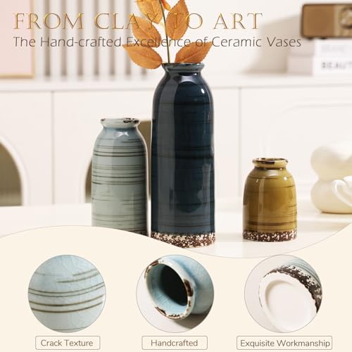 Joeabor Ceramic Vase Set of 3 - Handcrafted Ceramic Vases for Home Decor & Shelf - Modern Farmhouse Decor for Kitchen, Office, Bedroom & Living Room Decorative Objects for Mantel, Table Centerpieces - color: Set B