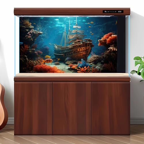 Sunken Pirate Ship Aquarium Background Under The Sea Pirate Shipwreck Fish Tank Background Underwater Ocean Seabed Coral Reef Terrarium Backgrounds Tropical Sea Aquarium Tank Backgrounds 24x12in - color: Purple_Blue, size: 24(W)x12(H)inches/ 60(W)*30cm(H)