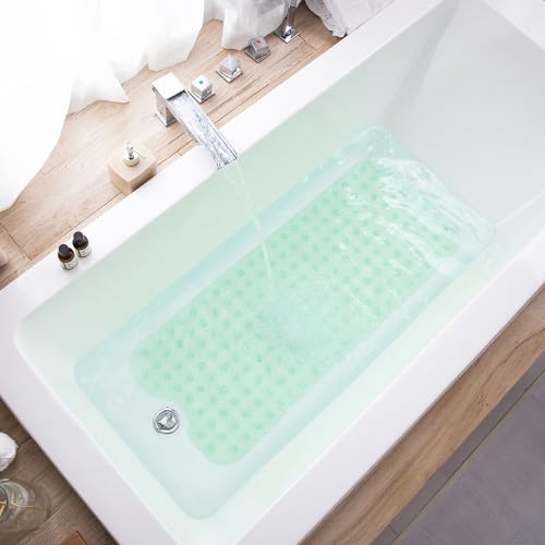TEESHLY Bathtub Mats for Shower Tub, Extra Long Non-Slip 39 x 16 Inch Bath Mat with Drain Holes and Suction Cups, BathMat for Bathroom with Machine Washable (Clear Green) - color: Clear Green