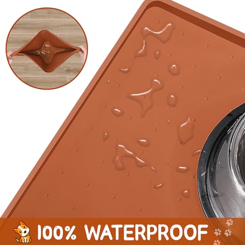 MateeyLife Silicone Cat & Dog Food Mat for Floors Waterproof, Anti-Slip Dog Bowl Mats for Food and Water, Pet Feeding Mats with Lip to Prevent Spills, Pet Placemat for Messy Drinkers to Protect Floors - color: Brown, size: 18''×12''