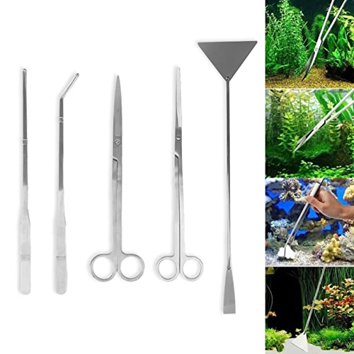 Aquarium Scissors and 5 in 1 Aquascaping Kit with Tweezers, Spatula for Fish Tank Cleaning and Aquatic Plant Trimming, Stainless Steel, Premium 5 Piece Set