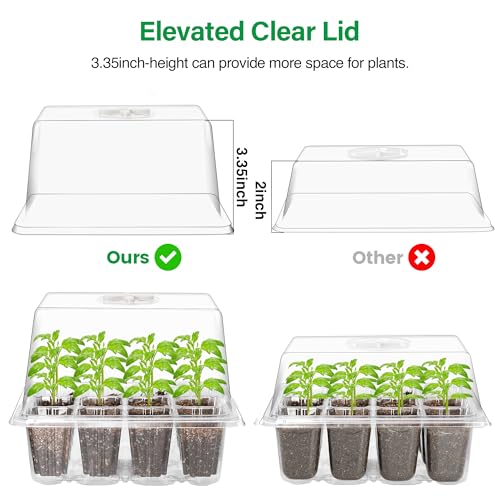 Bonviee 5 Packs Seed Starter Tray with Grow Light, Elevated Seedling Starter Trays Kits with Adjustable Humidity Domes and Clear Cell Tray, 12 Full Spectrum led lamp Beads for Plants Indoor-Clear - color: Clear, size: 5 Packs, with light