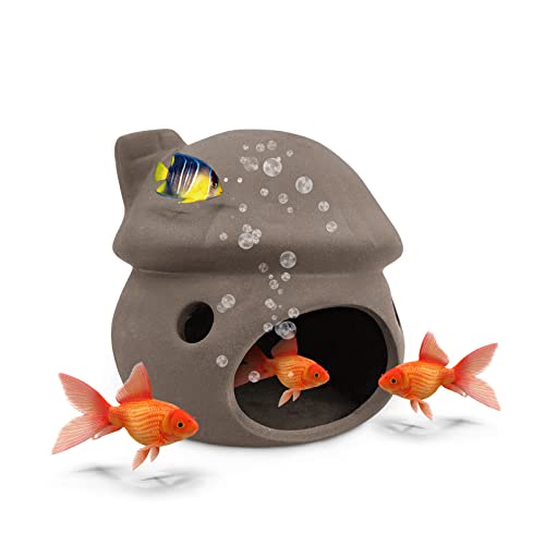 WishLotus Aquarium Cave Decoration, Durable Aquarium Fish Hideout Ceramic Fish Tank Ornament Mushroom House Fish Tank Betta Hidden Tunnel for Fish and Shrimp Rest Play and Natural Breeding (Brown) - color: Brown