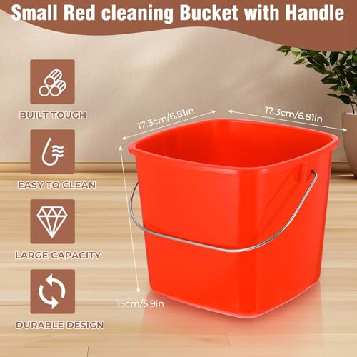 Kifmurase 6 Pcs 3 Quart Plastic Cleaning Bucket, Small Square Detergent Pail with Handles, Utility Bucket for Home, Office, Kitchen, School, Commercial Use,（Red）