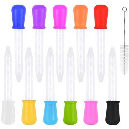 11 Colors Liquid Droppers Clear Medicine Silicone and Plastic Pipettes Eye Dropper with Bulb Tip for Kids Candy Molds，Feed liquid dropper，Equipped with cleaning brush，For DIY Projects(5 ml）