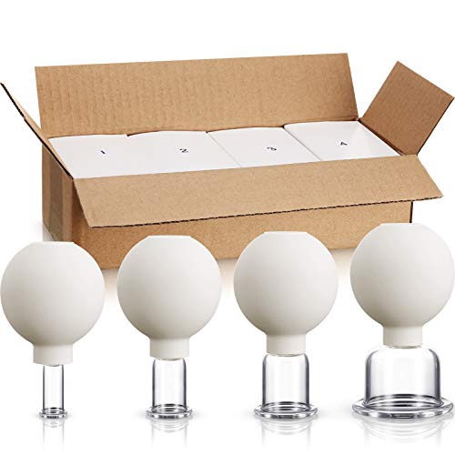 BBTO 4 Pieces Glass Cupping Set Glass Silicone Cupping Cups Massage Vacuum Suction Cupping Cups for Body Face Leg Arm Back Shoulder Muscle and Joint Pain (White) - color: White